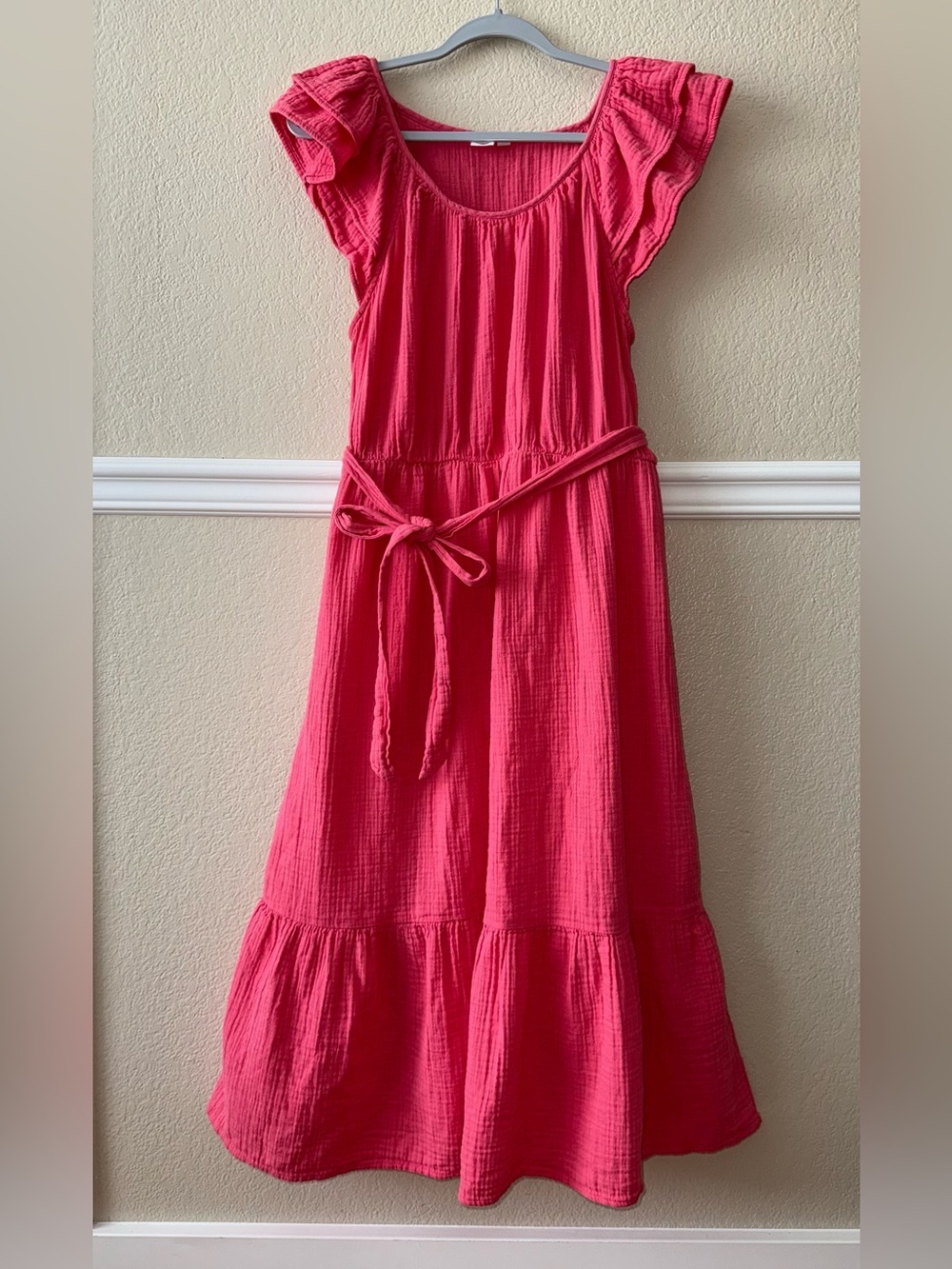 GAP 100% Cotton Gauze Ruffle Sleeve Midi Dress Sugar Coral Size Large